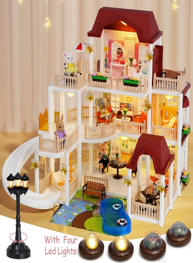 TUZT Doll House with 45 Pcs Furniture and Accessories, 3-Story with 4 Animal Dolls, Food Cooking Set, Warm Lights, Pool Slide and Movable Elevator, Pretend Play Dream Dollhouse for Girls 3+ - Image 3